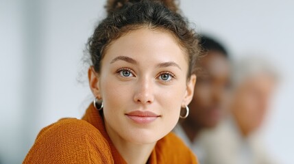 A young woman with curly hair smiles warmly, exuding confidence and friendliness