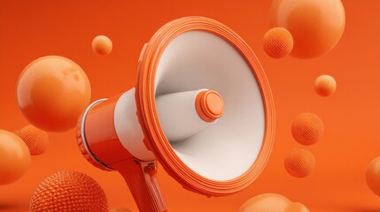 Visual metaphor of a megaphone surrounded by orange balls representing amplified social proof and trust-building
