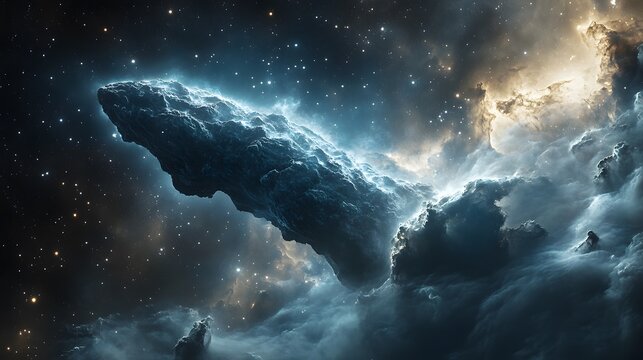 A comet slicing through thick nebula clouds in interstellar space