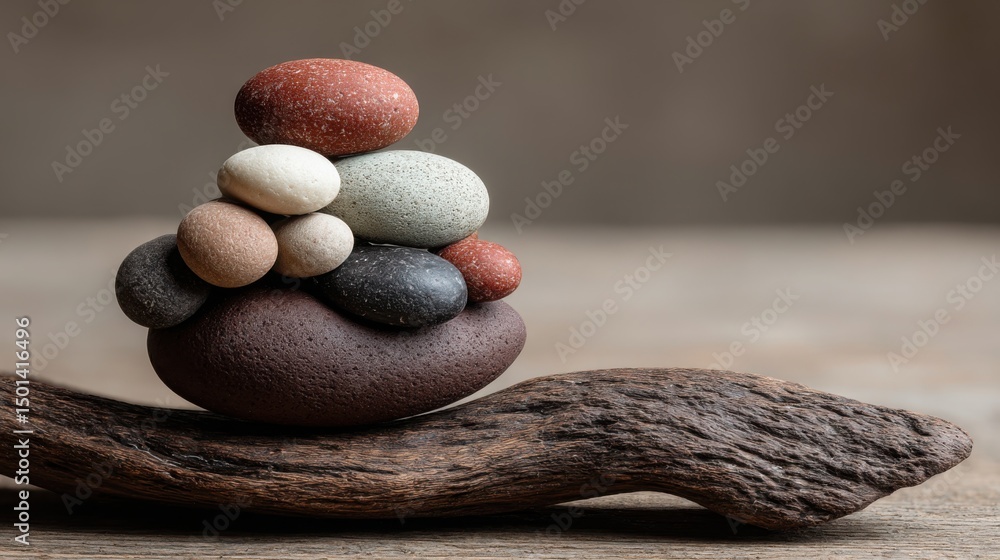 Poster a stack of balanced rocks on a branch illustrating the concept of financial resilience and stability