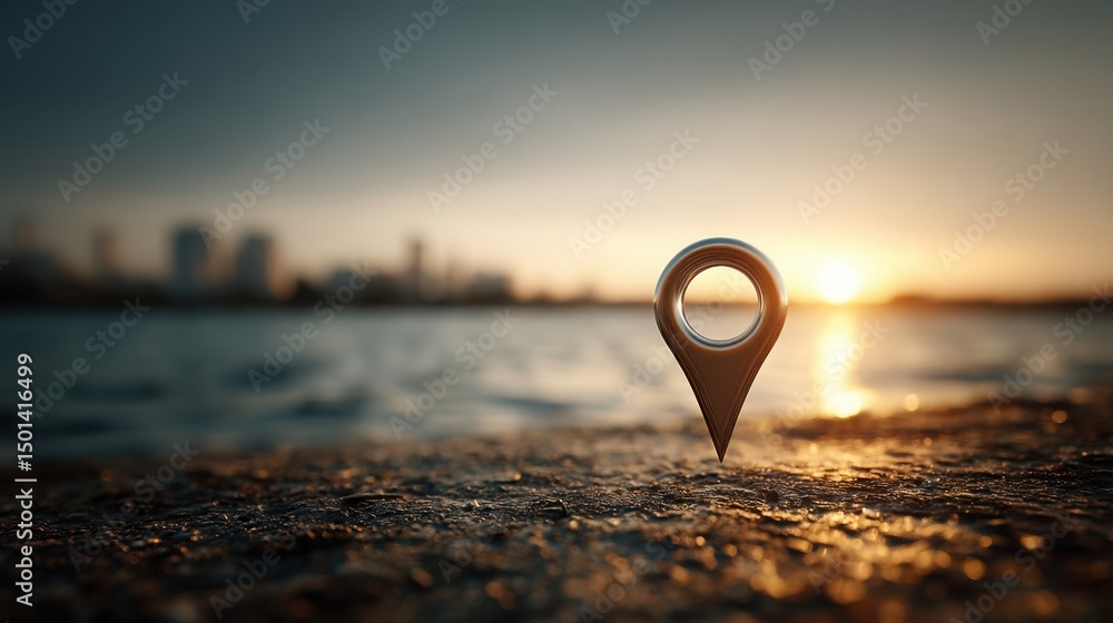 Poster a map pin positioned on a scenic beach representing the intersection of technology and augmented pur