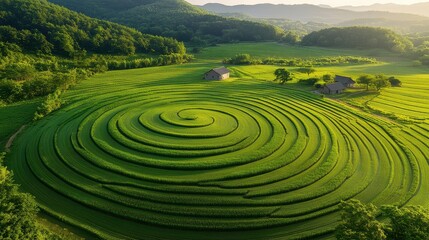 Green spiral farm fields aerial