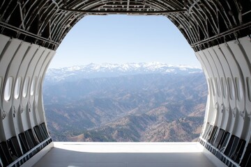 Fototapeta premium Abandoned Airplane Cabin Snowy Mountain View - Solitude, freedom, adventure, exploration