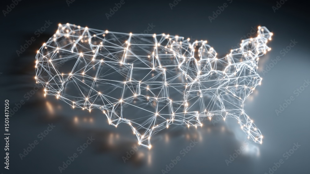 Poster the united states map illuminated with a string of colorful lights representing economic capital rea