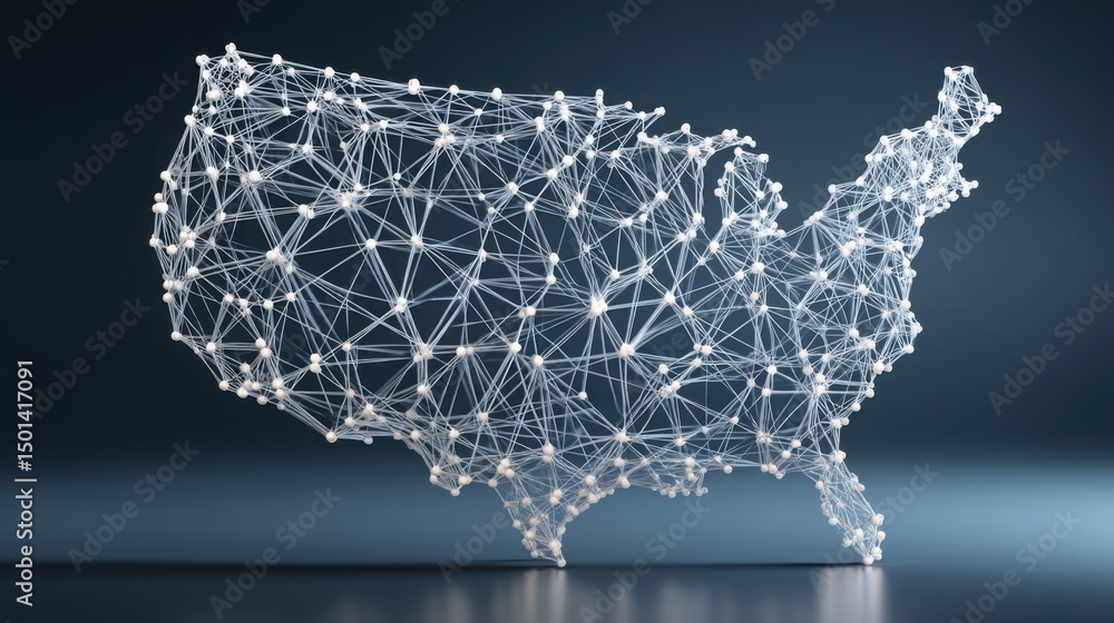 Poster detailed map of the united states enhanced with a network of dots representing data connectivity and