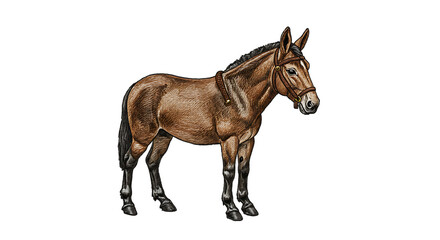 Obraz premium Harnessed mule stands regally sketched in brown