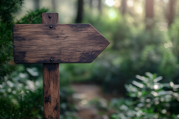 Wooden direction sign in a tranquil forest setting pointing towards a blurred path surrounded by lush green foliage and sunlight