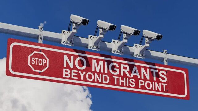 No migrants beyond this point' sign at customs border with surveillance system