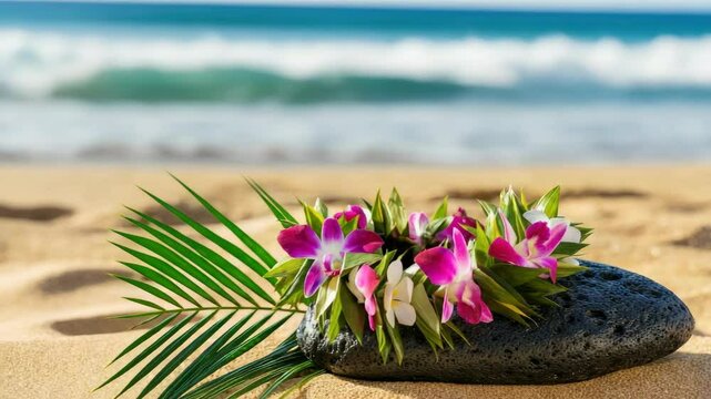 Tropical flower lei on sandy beach with ocean waves in background