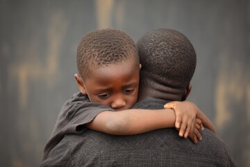 A young boy finds solace in the arms of a comforting adult in a moment of love.
