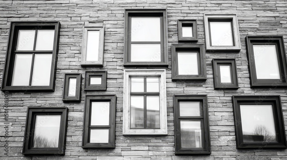 Poster abstract modern architectural windowscape - a grayscale depicting an abstract arrangement of windows