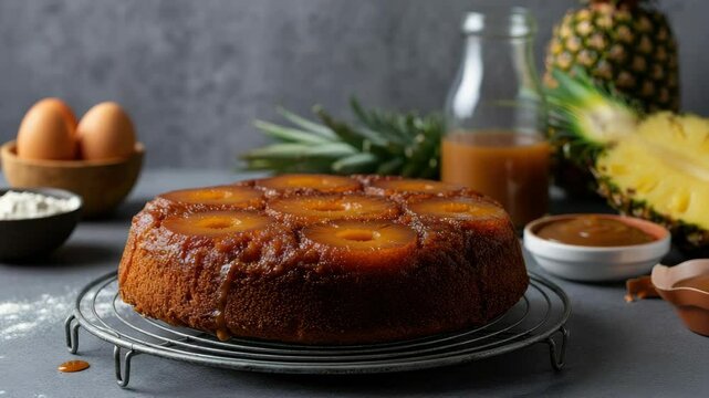 Delicious pineapple upside-down cake on cooling rack surrounded by baking ingredients kitchen counter