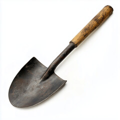 Vintage shovel with wooden handle isolated on white background, showing signs of wear from gardening and agricultural work