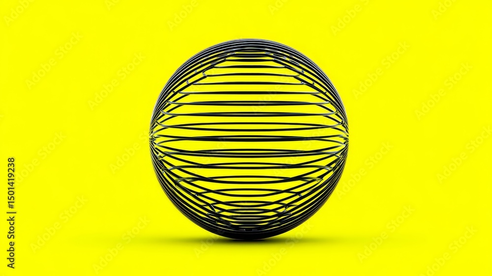 Aufkleber abstract yellow background circular wireframe sphere - minimalist 3d of a black wireframe sphere on 