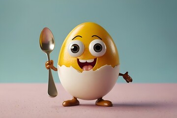Funny 3D Cartoon Boiled Egg Character with Spoon and Cracked Shell Hat