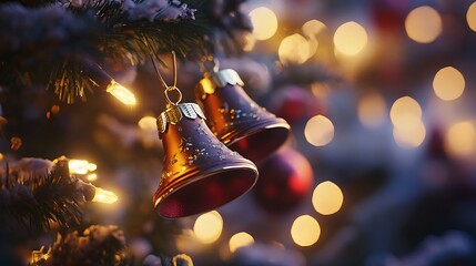 Two christmas bells hang from a decorated christmas tree.