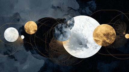 Abstract depiction of planetary alignment in minimalist monochrome