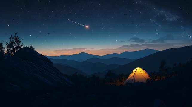 Nighttime camping scene with comet visible over mountain ridge - Powered by Adobe