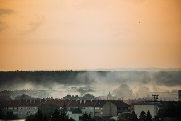 Dense mosquito control fog enveloping Osijek