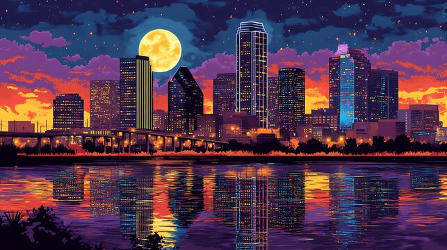 minimalist night vector Skydance Bridge Oklahoma City gentle curves blue neon light reflection on still water