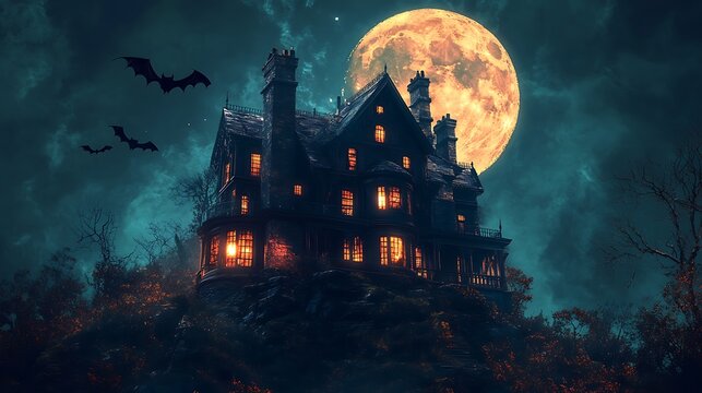 A large, dark, and imposing house stands on a hilltop under a full moon.