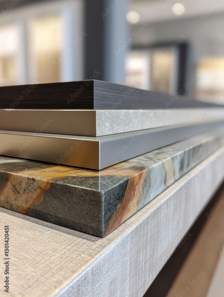 Poster detail view of edge profiles on display wall showcasing clean design aesthetics in a modern showroom