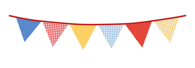 Colorful bunting garland. Party flags on rope. Textured fabric. Birthday celebration, wedding anniversary. Holiday Festa Junina decor. Isolated overlay vector illustration object, banner background