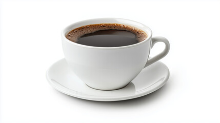 Obraz premium Aromatic cup of black coffee served on a white saucer, isolated on white background, perfect for a morning boost or a relaxing break