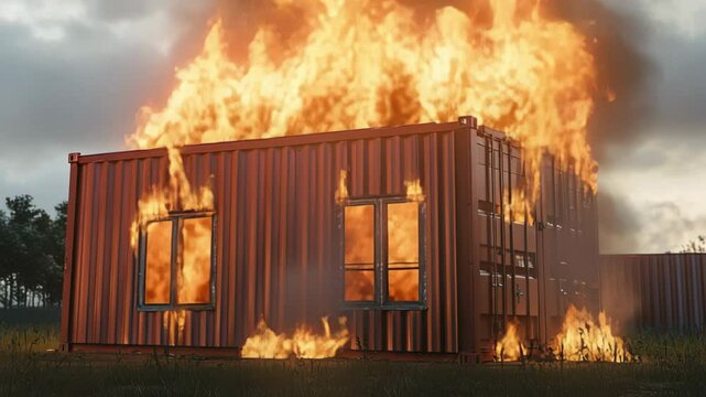 A second container burns intensely under a cloudy sky, fire pouring from every side.