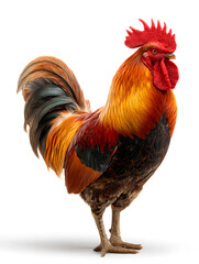 A vibrant rooster proudly shows off its orange, red, and black feathers