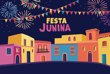 Fototapeta na wymiar Festa junina, Brazilian june party greeting card, invitation. Sao Joao Latin American holiday. Bunting flags, colorful houses and fireworks. Vector illustration background, web banner, flat design.