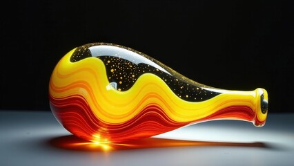 Obraz premium Artistic abstract glass vase with vibrant yellow and red swirl design on dark background.