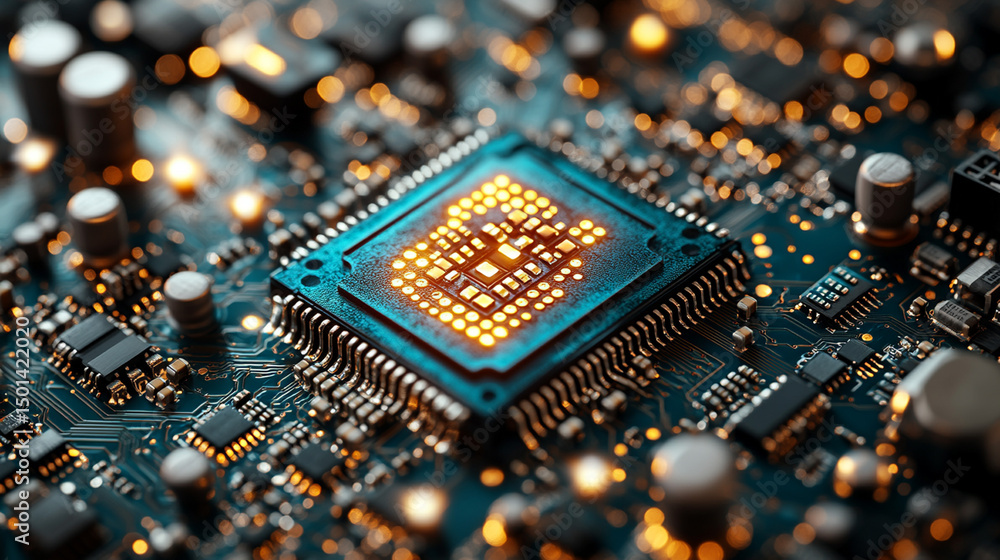 Poster close-up of a glowing circuit board with a central processor chip. detailed view of electronic compo