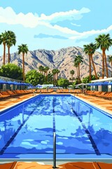 Outdoor pool area with mountain backdrop view.