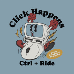 retro cartoon emblem of computer mascot riding mouse