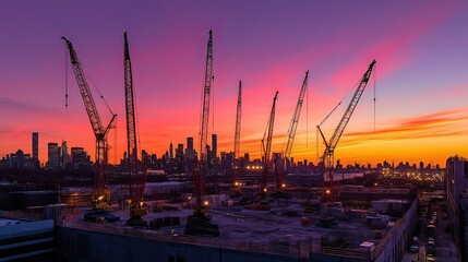 Vibrant sunset over a cityscape with numerous construction cranes and heavy machinery at a large construction site