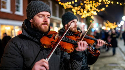 Fototapeta premium Two musicians play violins on a lively street adorned with twinkling lights, creating a warm holiday atmosphere