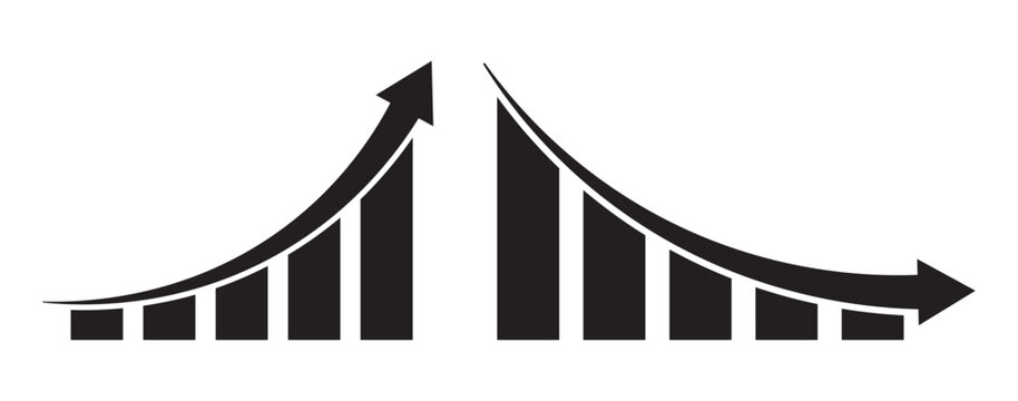 Up and down graph chart vector icon set. growth increase and decrease sign. economy rise and decline symbol. Increase decrease icon set. Green up and red down  arrow graph icon vector set.  