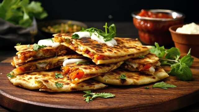 Colorful flatbread pizza with various toppings, ready for serving on a wooden plate.