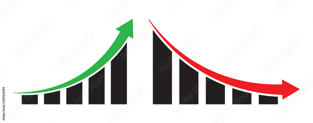 Poster up and down graph chart vector icon set. growth increase and decrease sign. economy rise and decline