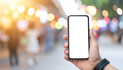 Hand holding smartphone with blank screen display against blurred street
