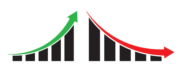 Up and down graph chart vector icon set. growth increase and decrease sign. economy rise and decline symbol. Increase decrease icon set. Green up and red down  arrow graph icon vector set.  