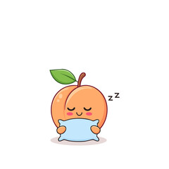 Obraz premium Happy sleepy peach with leaf on top, hugging a pillow tight with a peaceful face. A sweet cartoon illustration perfect for bedtime-themed designs and children’s decor