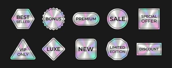 Holographic gradient text labels. Iridescent metallic promo badge set with text for promotions, marketing design stickers. 