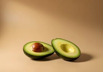Fresh, ripe avocado cut in half with its seed on a white background, perfect for a healthy diet