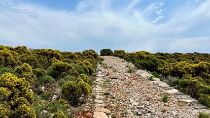 A stone-paved road winds through low vegetation under a blue sky on Kastellorizo Island, Greece. Mediterranean landscape, hiking in Greece, summer vacation, computer wallpaper, peaceful scenery. 