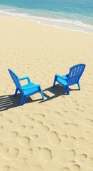 Obraz premium Photo Two Blue Chairs on Sandy Beach with Ocean and Sunlight