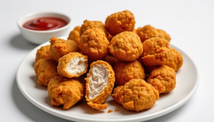 Delicious fried chicken nuggets kitchen table food photography white background close-up culinary delight