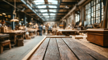 interior of busy woodworking workshop with long wooden workbenches natural light from industrial windows craftsmen working in background tools and materials in warm productive atmosphere