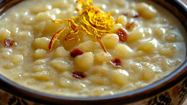 Creamy soup with cumin, served in a decorative bowl.